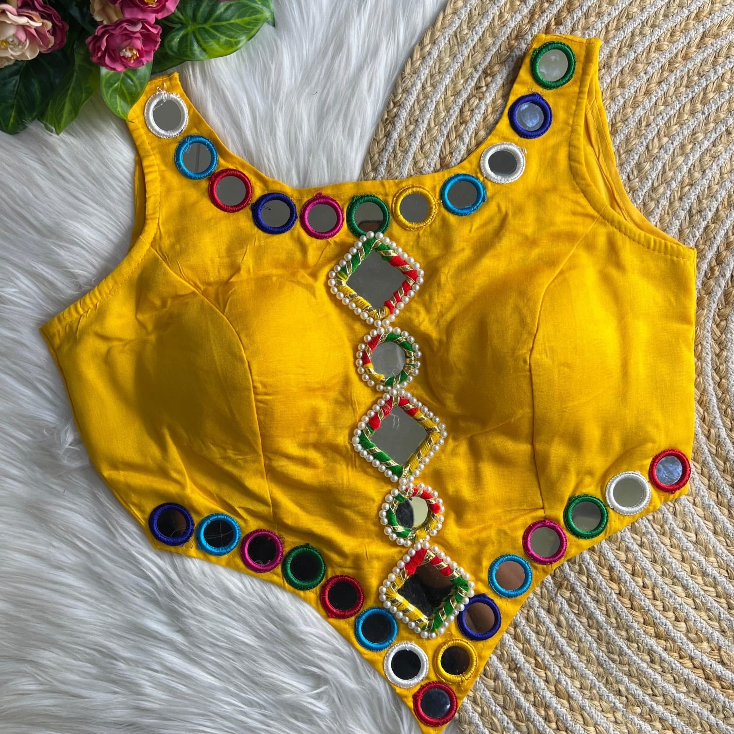 Spaghetti Strap Cotton Silk Blouse – Square Neck V-Cut Front Mirror Work