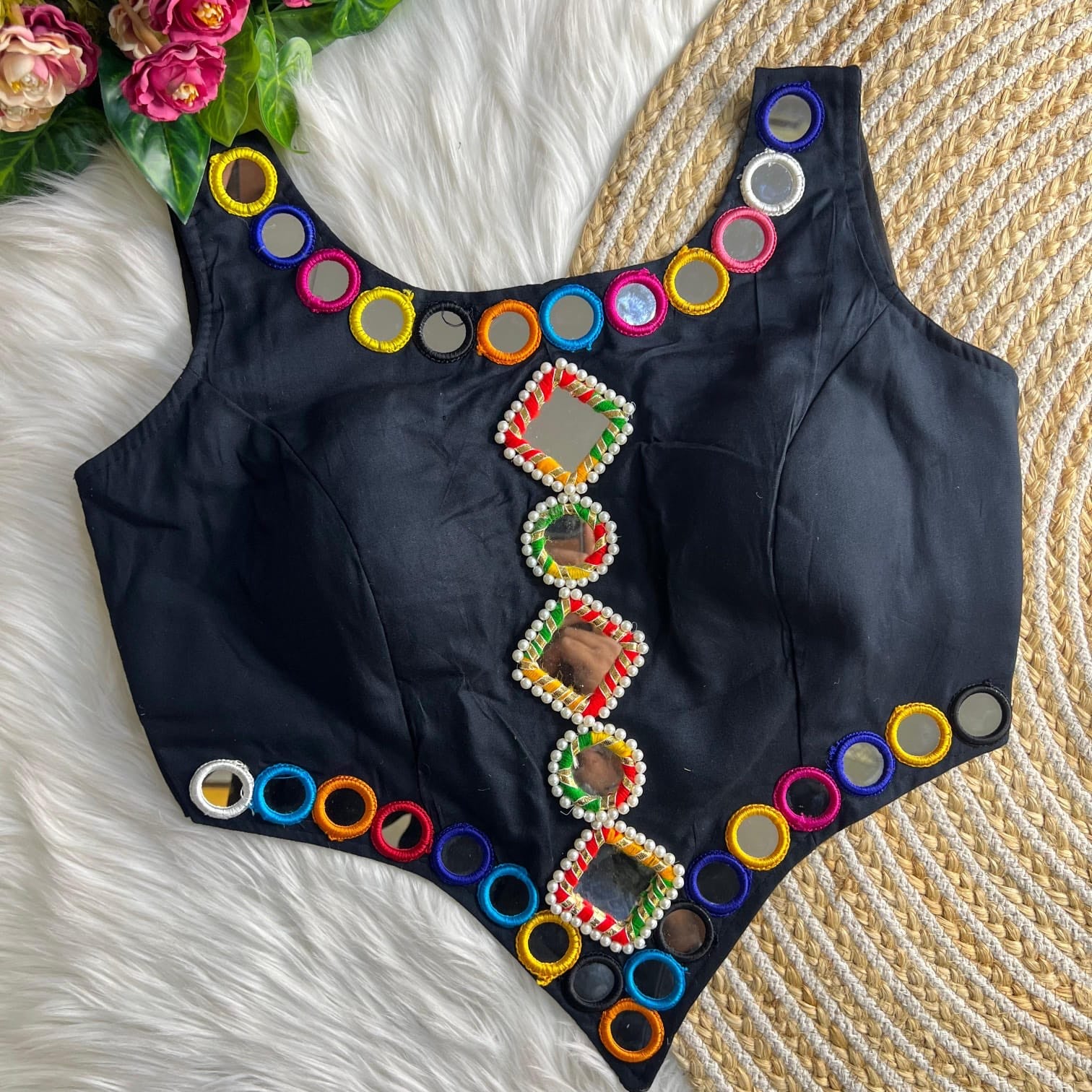 Spaghetti Strap Cotton Silk Blouse – Square Neck V-Cut Front Mirror Work