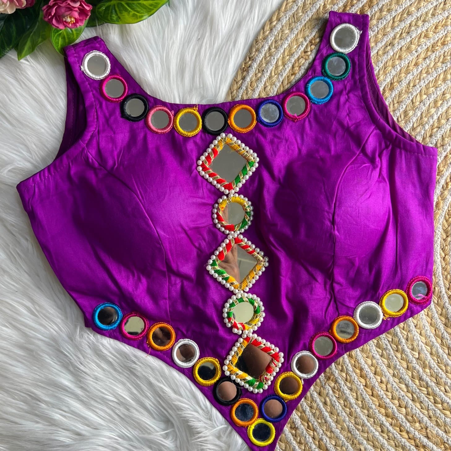 Spaghetti Strap Cotton Silk Blouse – Square Neck V-Cut Front Mirror Work